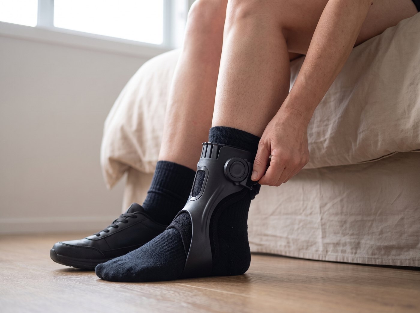 On over a sock, closed with one hand, before the shoe goes on.