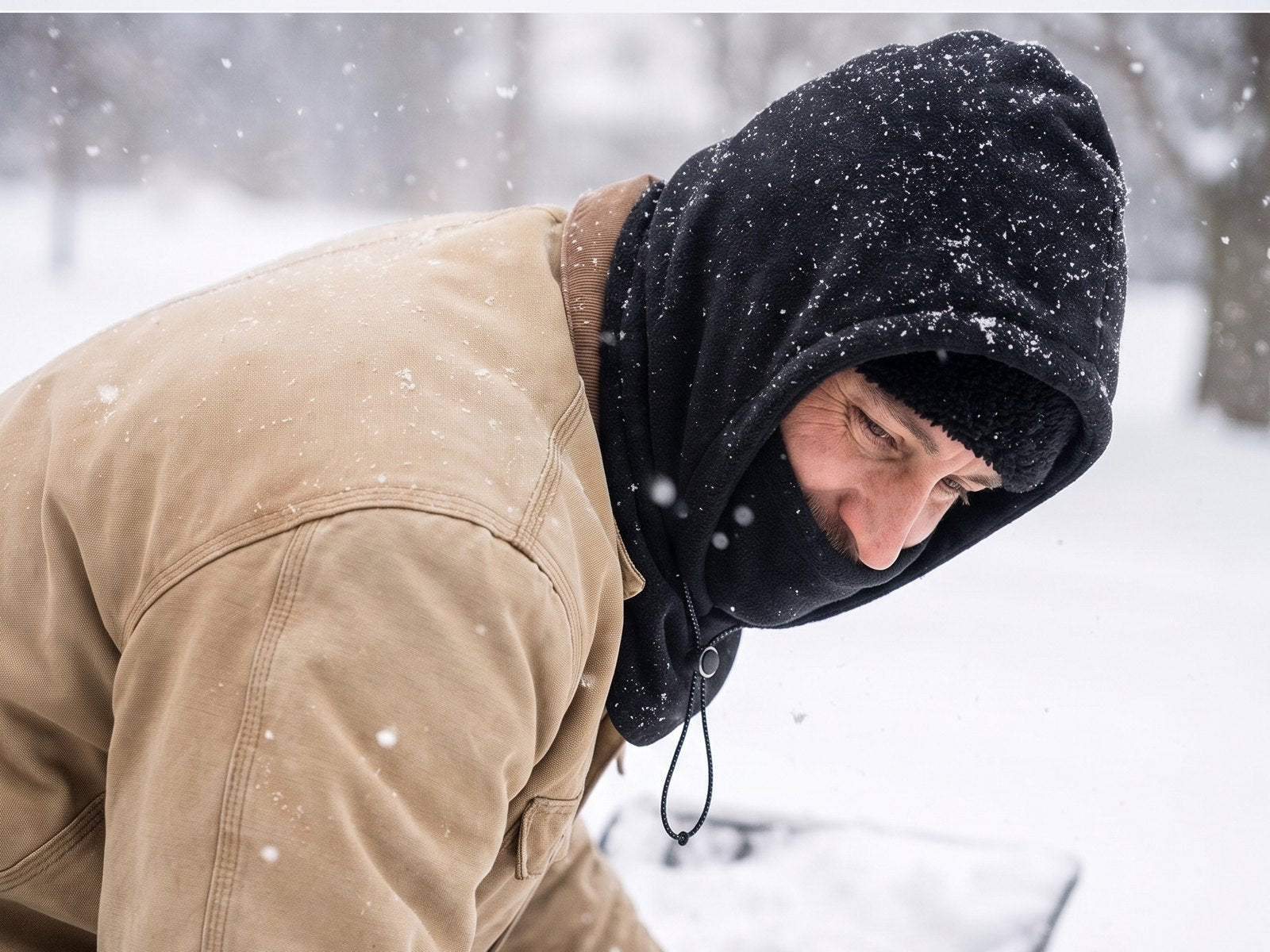 Bending over the shovel, the drape stays under the collar. No cold strip down your back.
