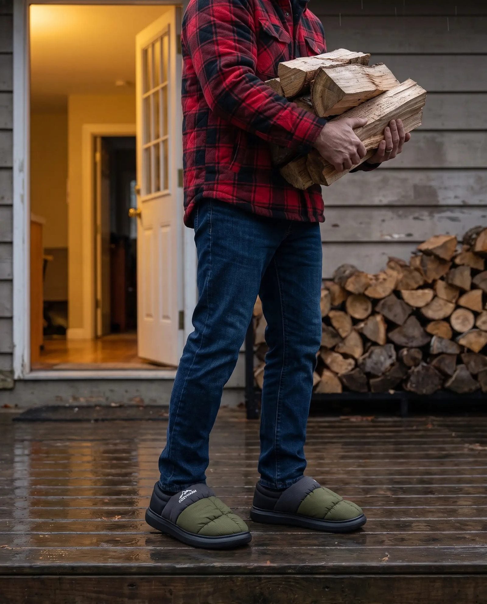 Firewood in from the back deck at home, over wet boards, in the same pair.