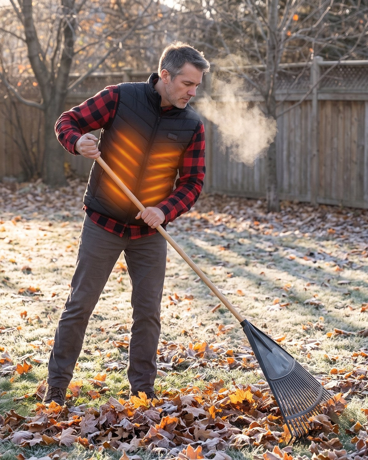Arms free for the work — the vest handles the warmth.