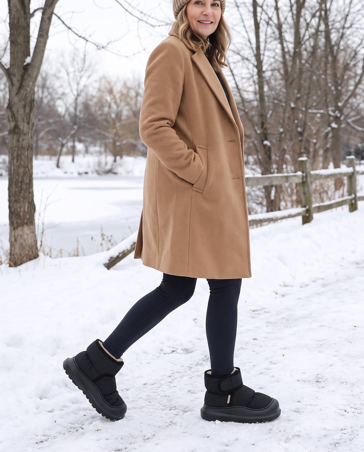 A long winter walk on the park path. Waterproof outside, plush inside the whole way.