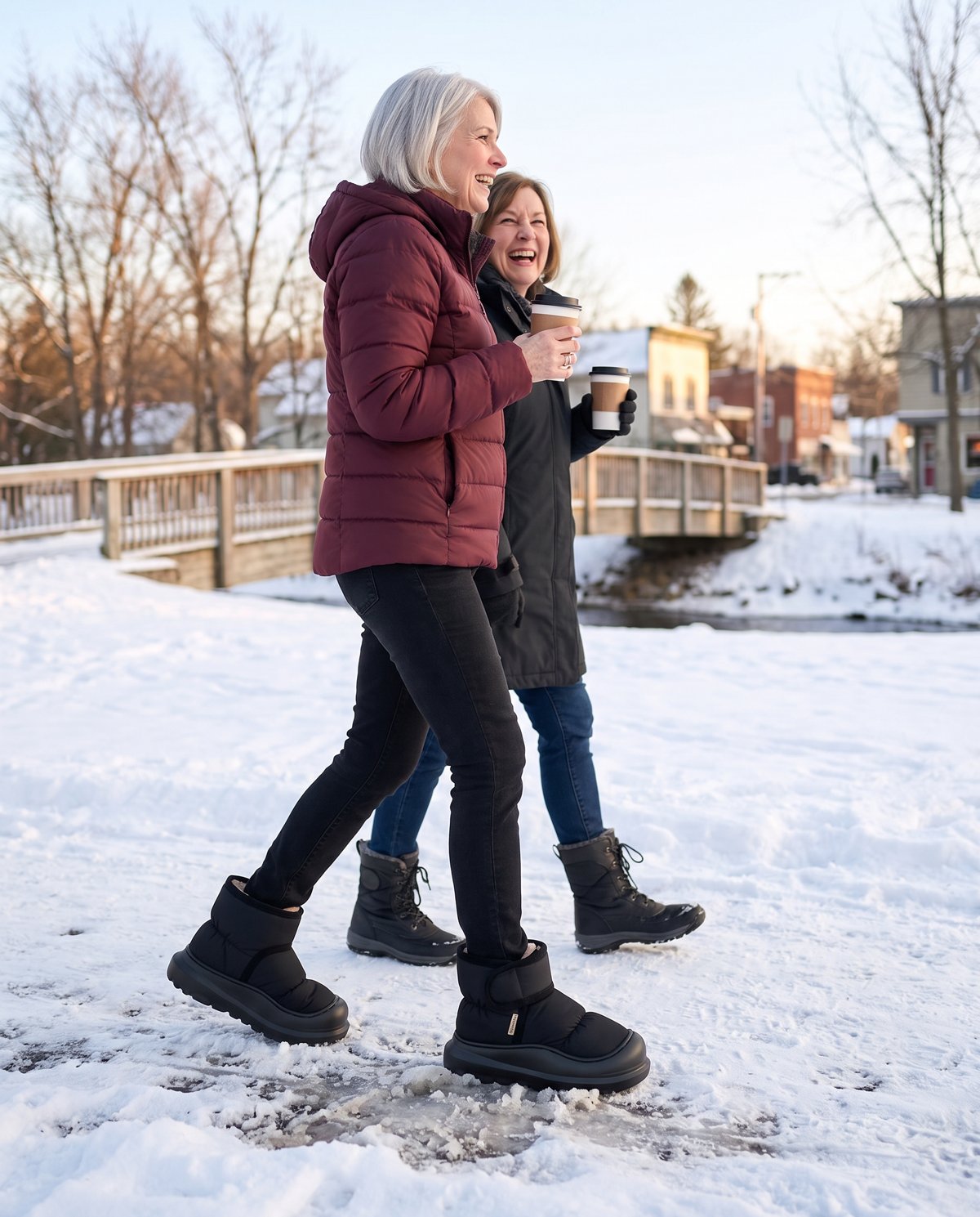 Coffee and a walk along the river, through snow and slush.