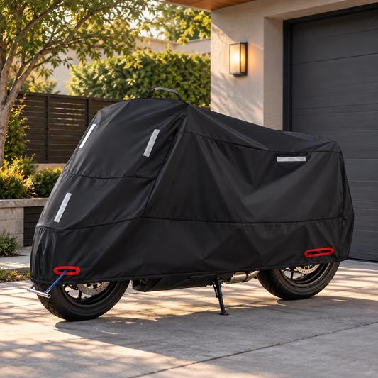Outdoor motorcycle cover in Oxford fabric with reflective strips in a driveway