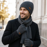 Mens Beanie Set - Winter Scarf & Touchscreen Gloves - Plush Lined Hat