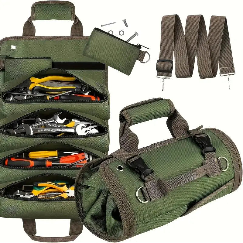 Tool Bag Roll Up - Oxford Fabric with Zipper Pockets - Shoulder Strap