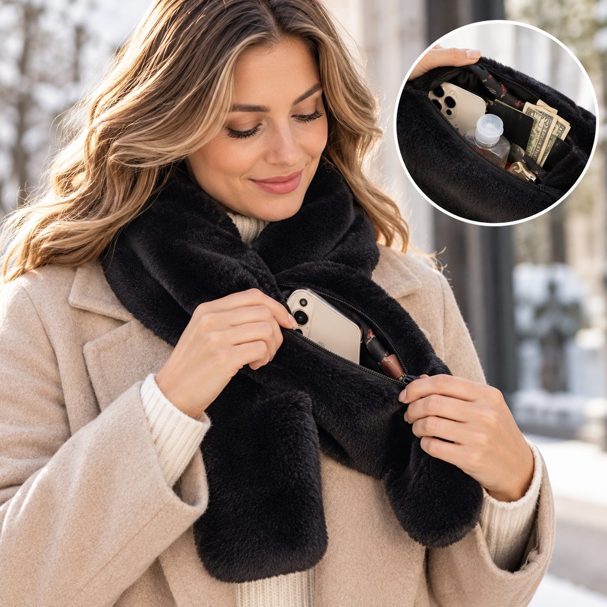 Faux Fur Scarf - Hidden Zipper Pocket - Pull-Through Scarf for Women & Men