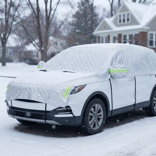 Silver SUV car cover for winter on a white SUV in the snow