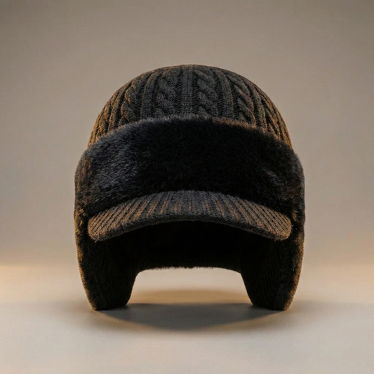 Trapper hat with ear flaps and brim in black - front view