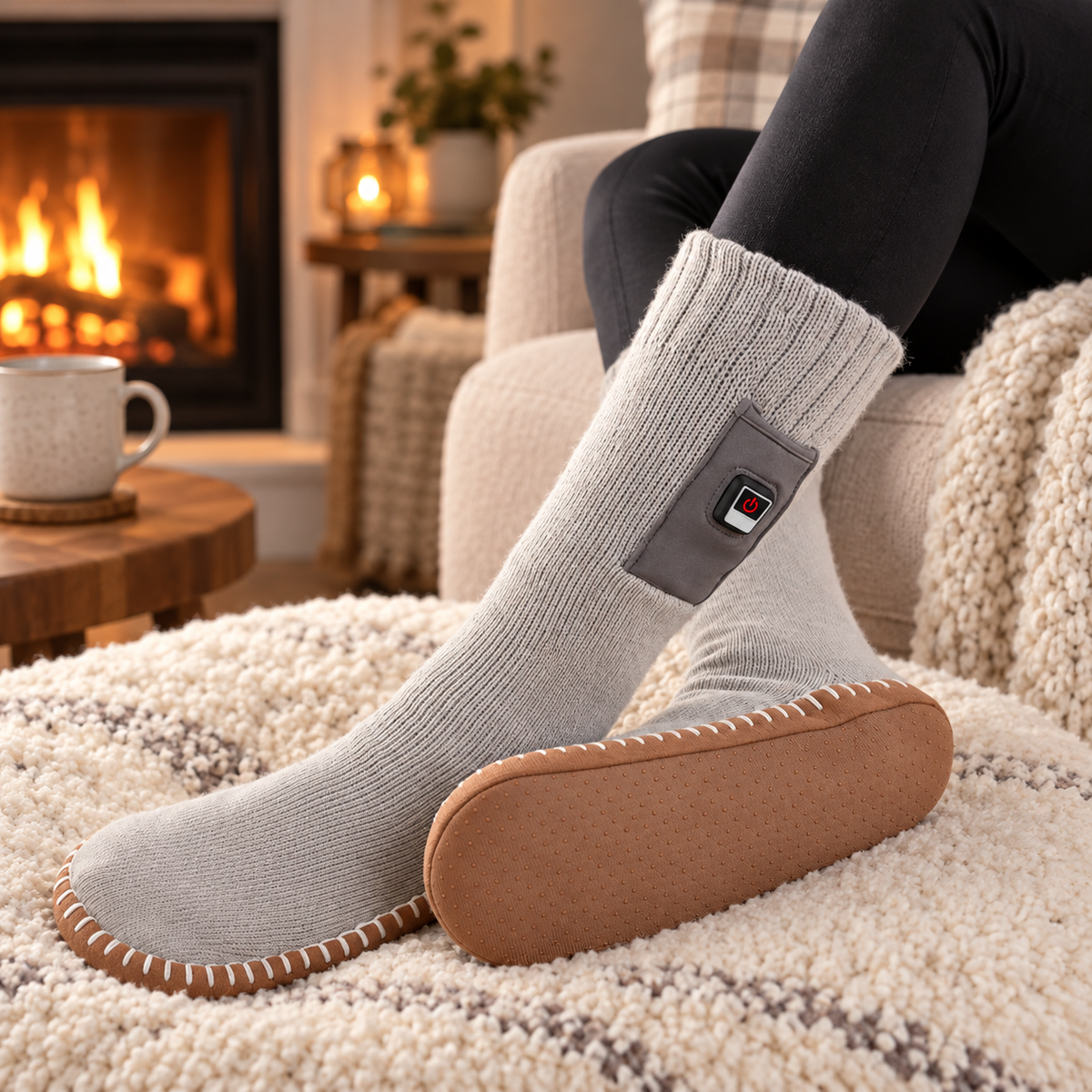 Heated Socks - Rechargeable Heated Slipper Socks - Non-Slip Sole