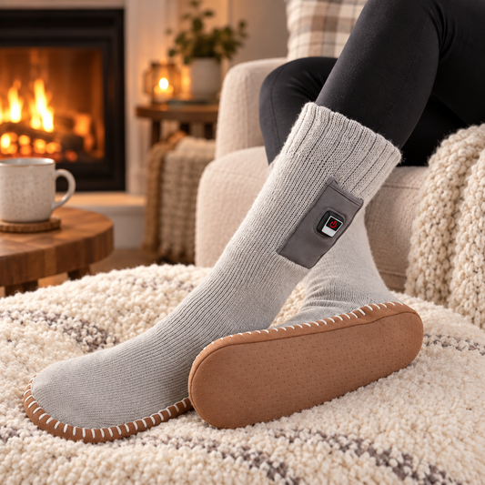 Heated socks with non-slip slipper sole by the fireplace