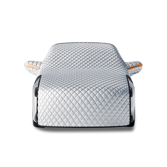 Windshield cover for snow in silver on a car, front view on white