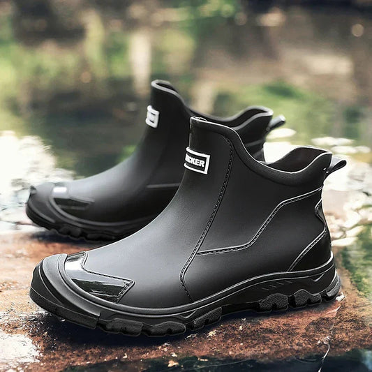 Men's Rubber Rain Boots - Waterproof Ankle Height - Easy Slip-On