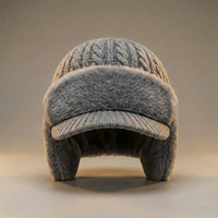 Trapper Hat - Winter Hat with Ear Flaps & Brim - Cable Knit with Plush
