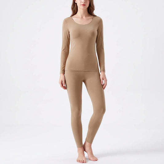Women's thermal underwear Light Brown, 2-Piece Set – product photo on a model on a light background
