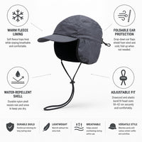 Winter Hat with Ear Flaps - Fleece Lined Baseball Cap - Water Repellent