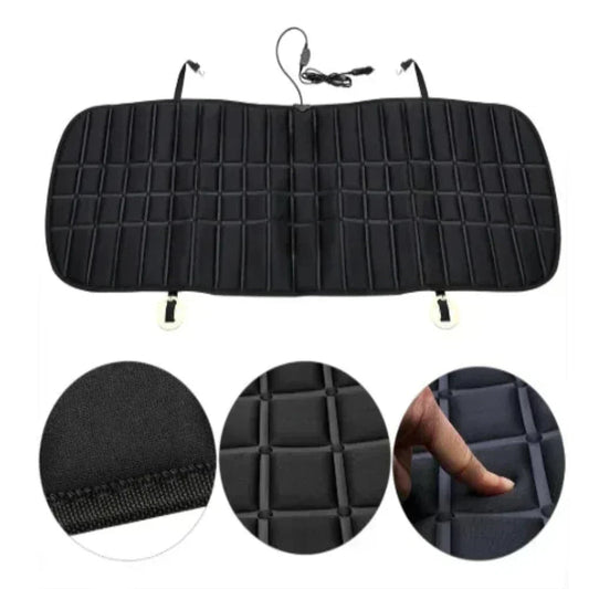 Heated car seat cover for the back seat in black – quilted velour with 12V cord, switch, straps and anchors, top view