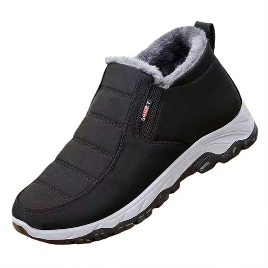 Women's winter boots in black - slip-on ankle boot on white with gray plush lining