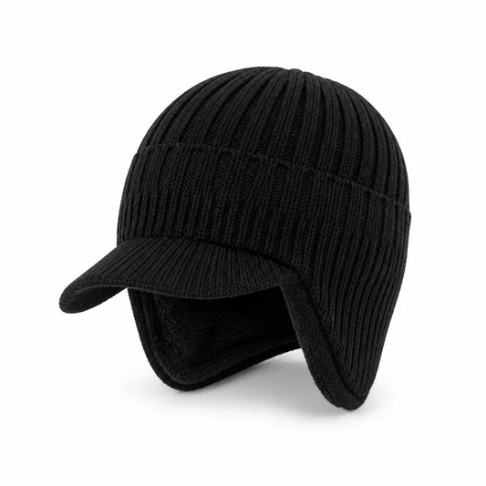 Beanie with brim in black – fleece lined knit winter hat with ear flaps on white