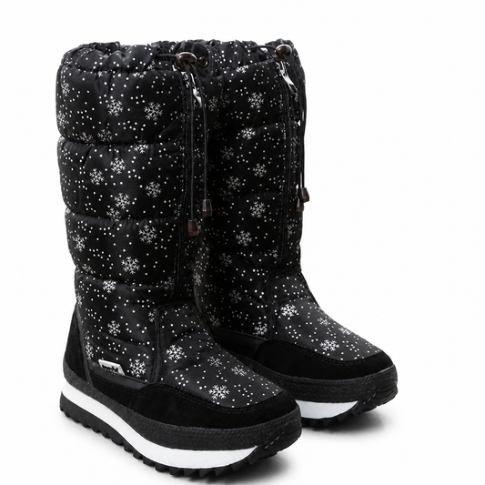Womens winter boots in black – tall snow boots with snowflake print, drawstring and zipper, pair in 3/4 view