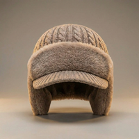 Trapper Hat - Winter Hat with Ear Flaps & Brim - Cable Knit with Plush