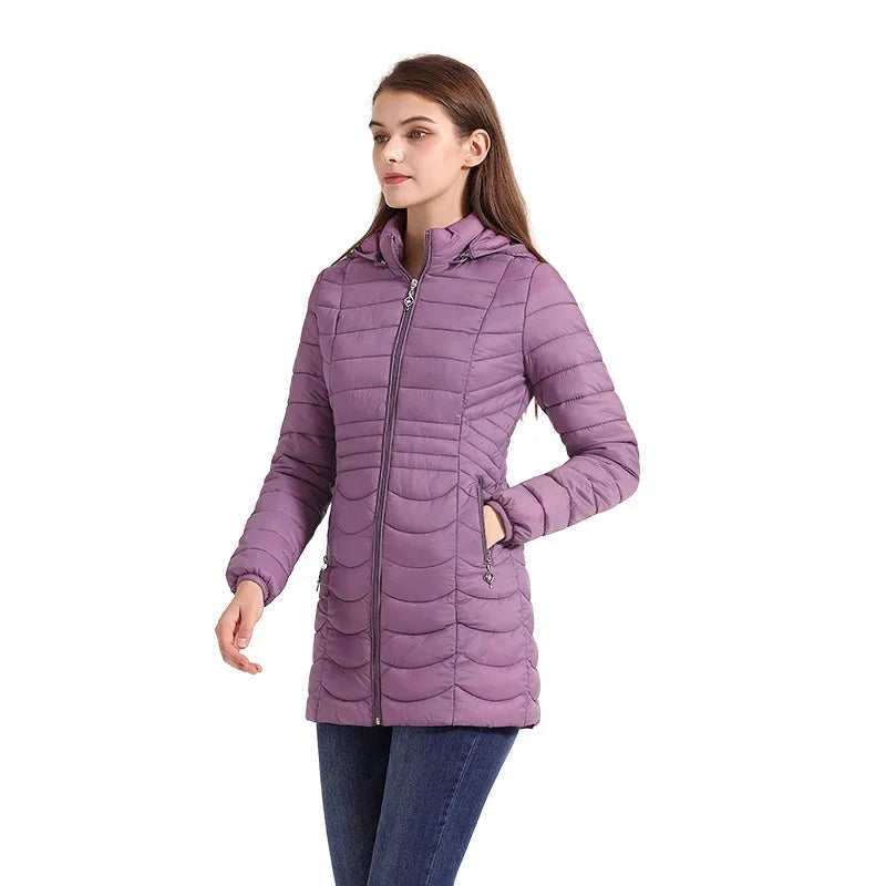 Women's Long Puffer Coat - Detachable Hood - Ultralight Quilted