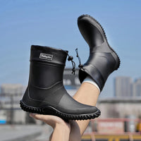 Rain Boots for Men & Women - Short Ankle Slip-On Wellies - Drawstring Top