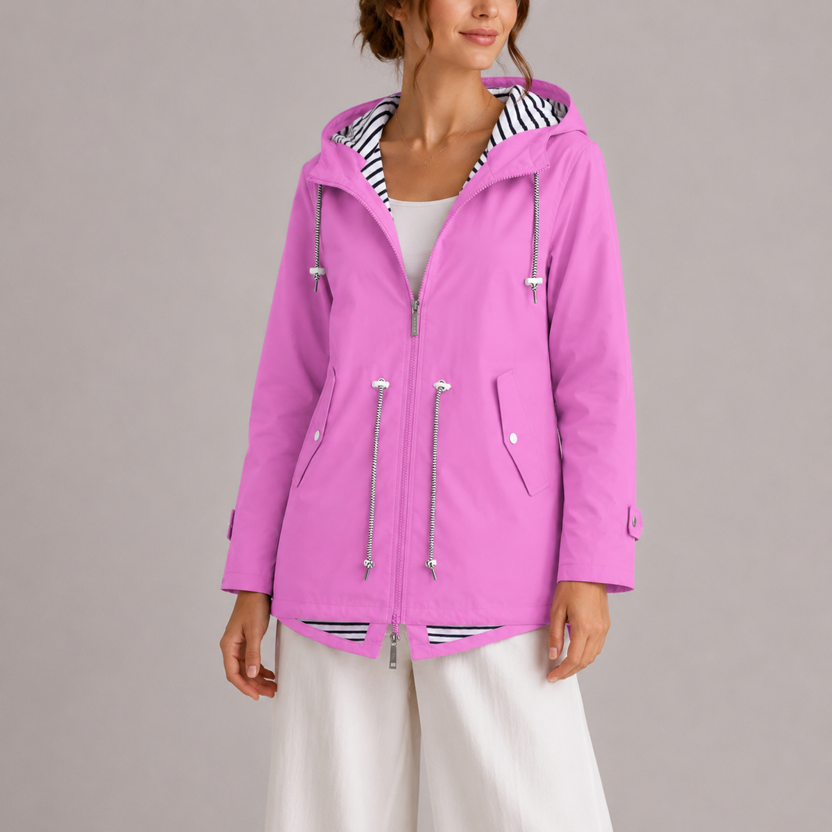 Women's Rain Jacket - Hooded & Water-Resistant - Striped Lining