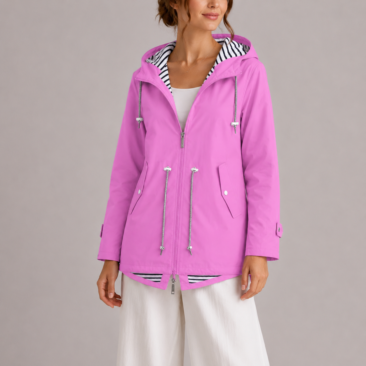 Women's Rain Jacket - Hooded & Water-Resistant - Striped Lining