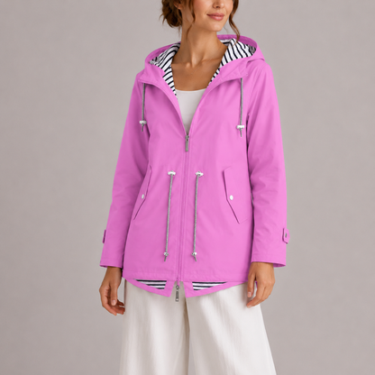 Women's Rain Jacket - Hooded & Water-Resistant - Striped Lining