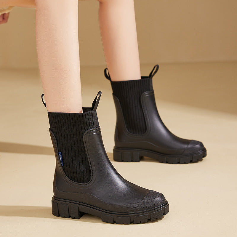 Women's Rain Boots - Chelsea Style with Knit Collar - Waterproof Platform Sole