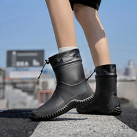 Rain Boots for Men & Women - Short Ankle Slip-On Wellies - Drawstring Top