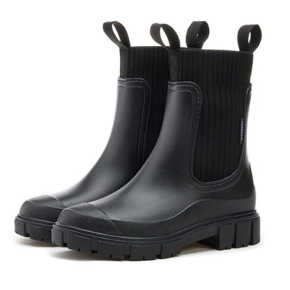 Women's Rain Boots - Chelsea Style with Knit Collar - Waterproof Platform Sole