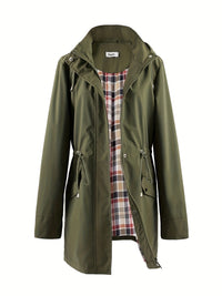 Women's Long Raincoat - Water-Repellent & Plaid Lined - Drawstring Waist