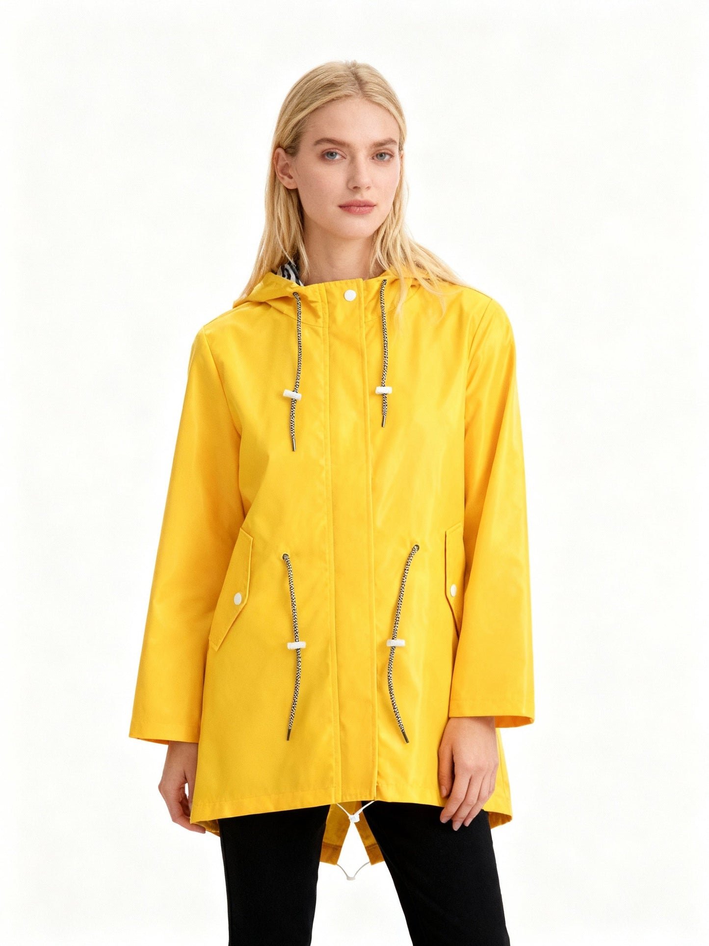 Women's Rain Jacket with Hood - Mid-Length Fishtail Hem - Water-Repellent