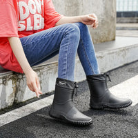 Rain Boots for Men & Women - Short Ankle Slip-On Wellies - Drawstring Top