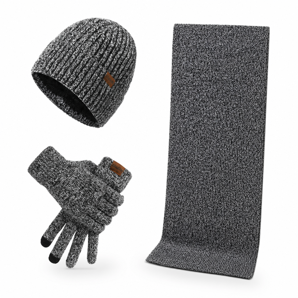 Mens Beanie Set - Winter Scarf & Touchscreen Gloves - Plush Lined Hat