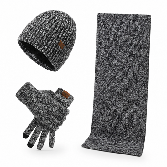 Mens beanie set in Gray with winter scarf and touchscreen gloves on white background