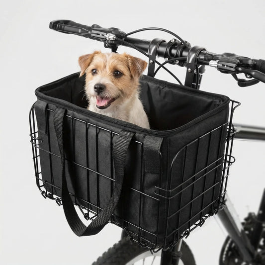 Bike basket in black on the handlebars with a small dog - product photo