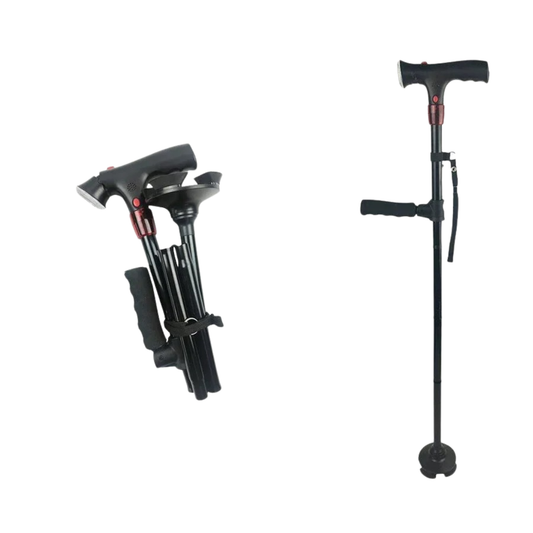 Walking cane in black on white – folded and unfolded