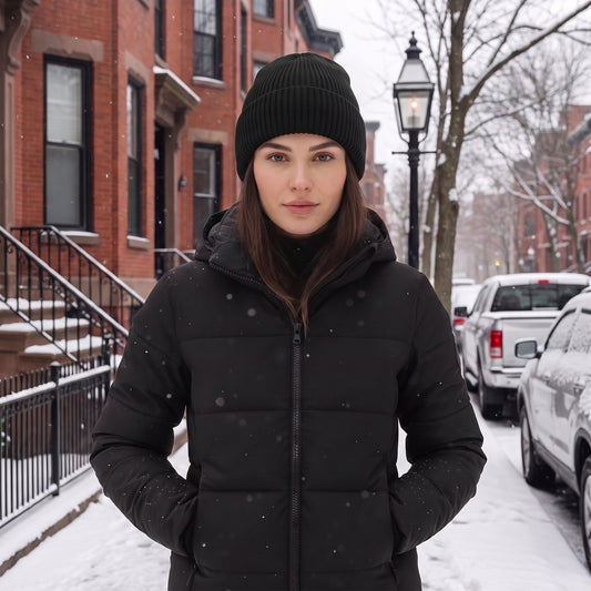 Black ribbed knit beanie worn on a snowy Boston street in winter