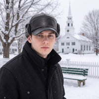 Winter Hat with Ear Flaps - Faux Leather Baseball Cap - Faux Fur Lined