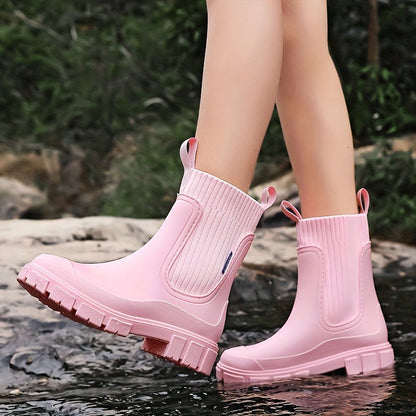 Women's Rubber Rain Boots - Chelsea Style Slip-On - Non-Slip Lug Sole