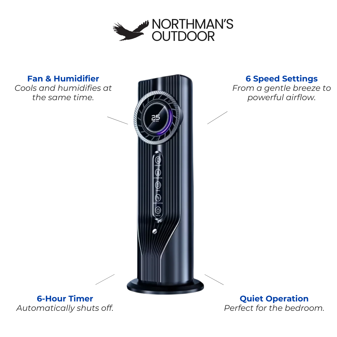 Tower Fan & Humidifier – USB Powered, 6 Speeds & 6-Hour Timer