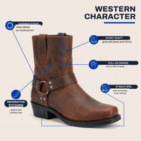 Men's Harness Boots - Short Western Boots - Slip-On with Buckle Strap