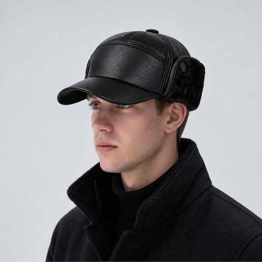 Winter Hat with Ear Flaps - Faux Leather Baseball Cap - Faux Fur Lined
