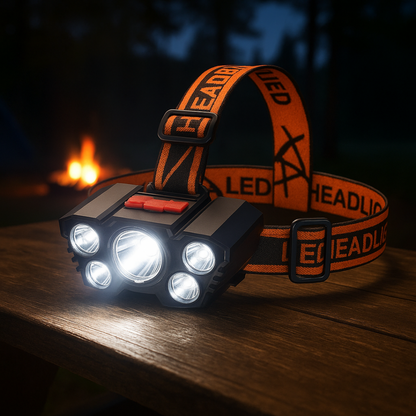 Rechargeable Headlamp - 5 Bright LEDs & SOS Mode - Splash Resistant
