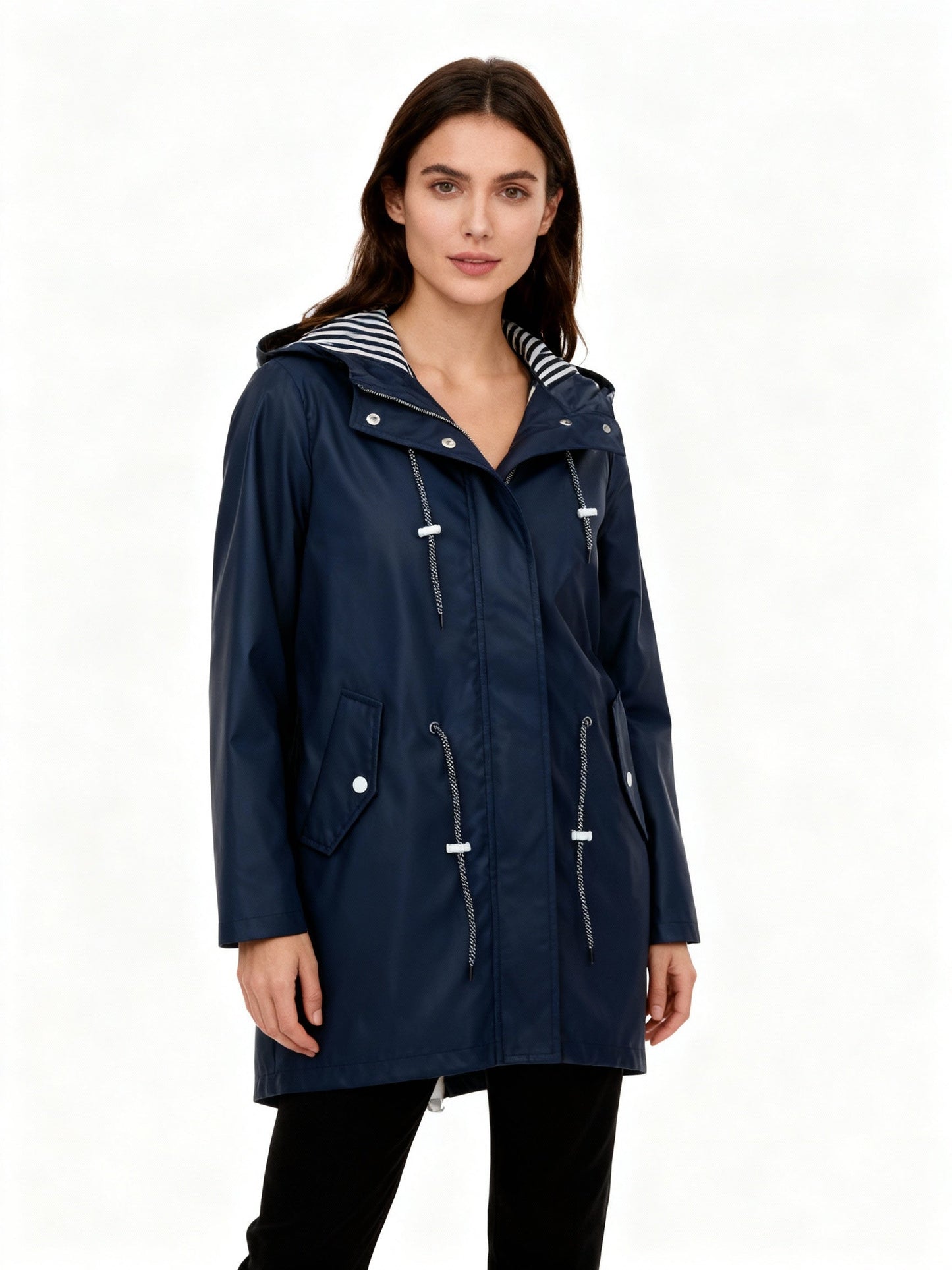 Women's Rain Jacket with Hood - Mid-Length Fishtail Hem - Water-Repellent