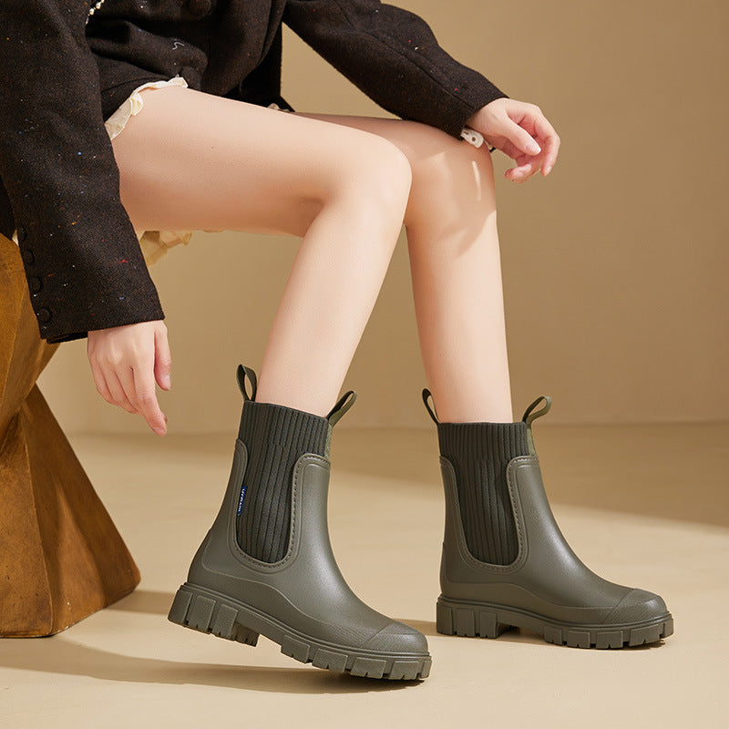 Women's Rain Boots - Chelsea Style with Knit Collar - Waterproof Platform Sole