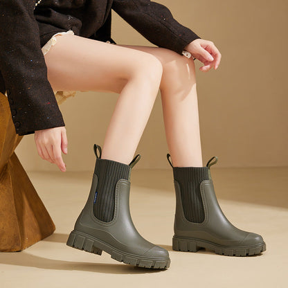 Women's Rain Boots - Chelsea Style with Knit Collar - Waterproof Platform Sole