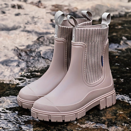 Women's Rubber Rain Boots - Chelsea Style Slip-On - Non-Slip Lug Sole